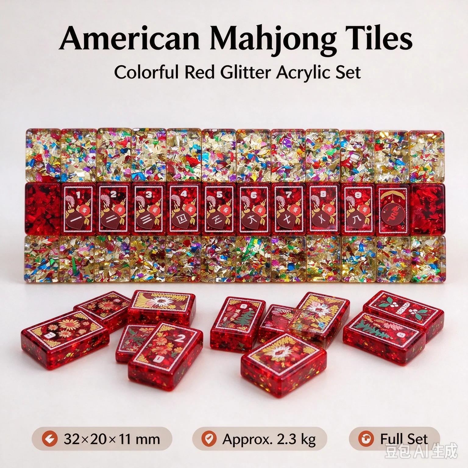 160 pcs Red Confetti Glitter American Mahjong Set Acrylic Mahjong Tiles 32mm Family Party Holiday Gift