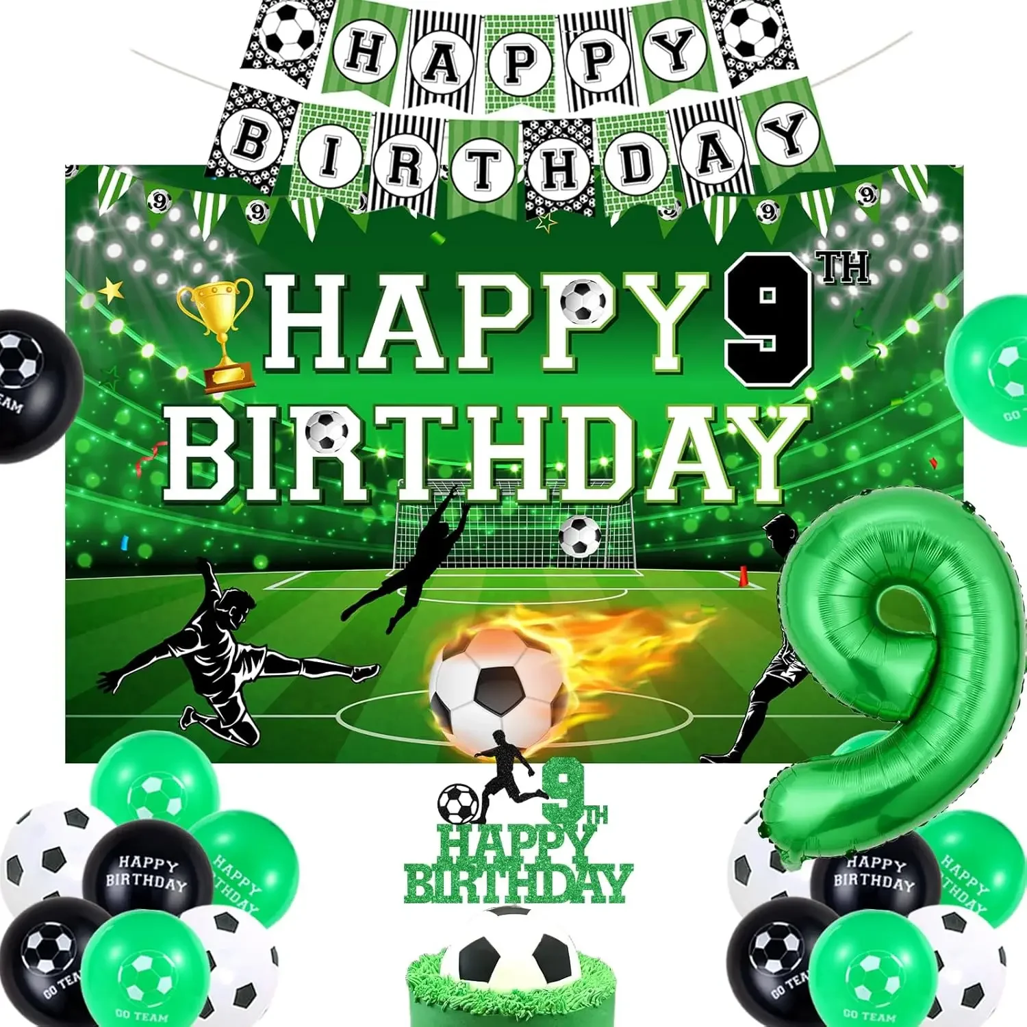 

Soccer 10th Birthday Decorations for Boy Green Football Happy Birthday Backdrop Cake Topper Trophy Soccer Balloon
