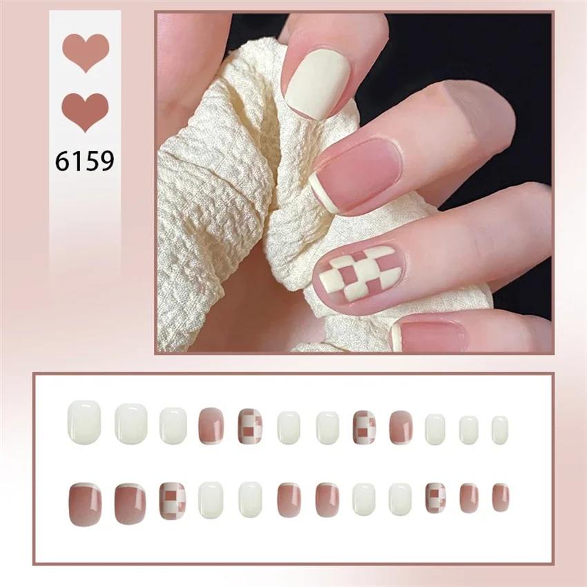 

24Pcs/Set Pink White Tessellated Wearing False Nails Nude Colour Line Premium Feeling Press on Nails Whitening Fake Nails Tips