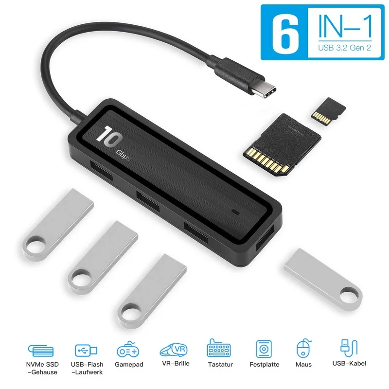 USB C Hub 6 In 1 Type-C To 4X USB 3.2 Gen 2 10Gbps USB C To USB Hub SD 2.0 TF 2.0 Adapter for Notebook Laptop Computer