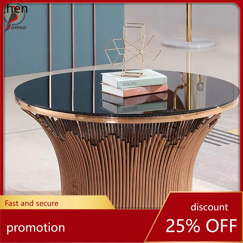 YFY High-End Simple Round Edge Coffee Table Rose Gold  Steel Home Living Room Sofa Side Table Round Tea Table Tempered Glass