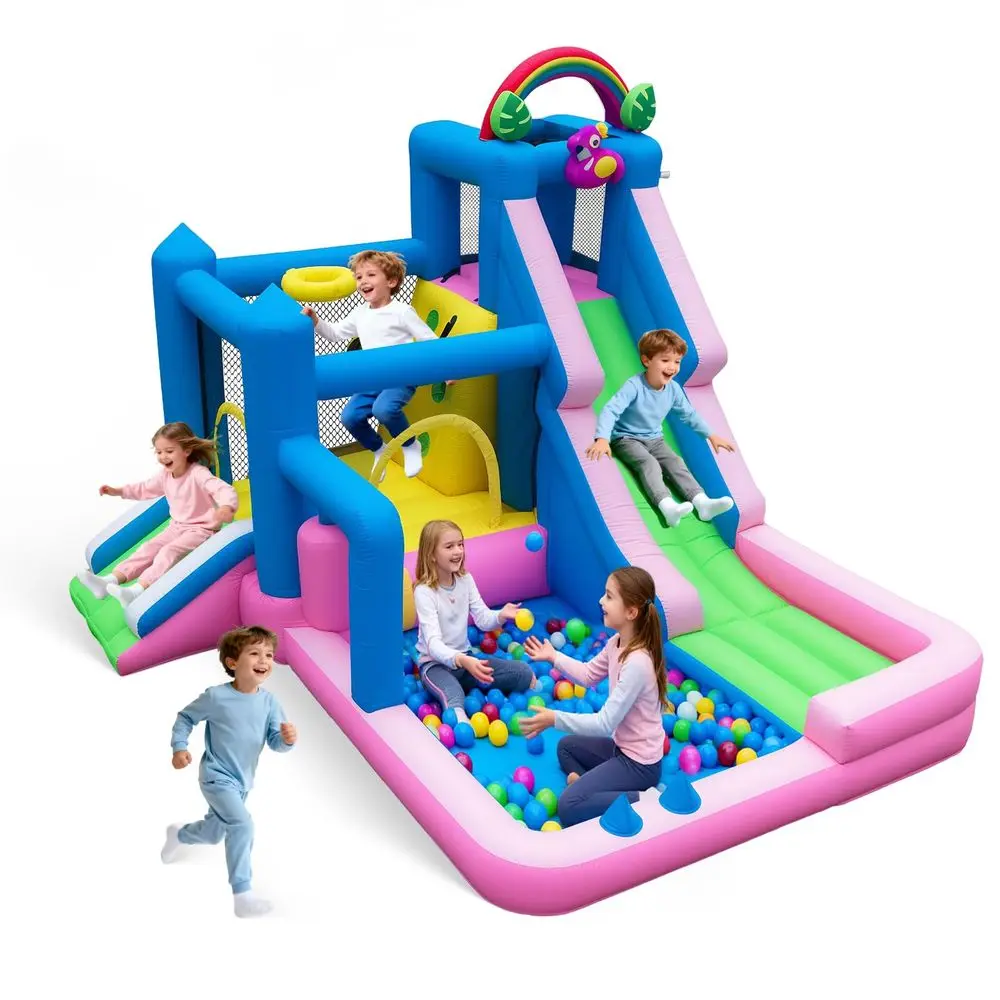 

Bounce House for Kids 10in1 Inflatable Castle with Double Slide, Ball Pit, Basketball Hoop, Climbing Wall amp Sprinkler, Indoor