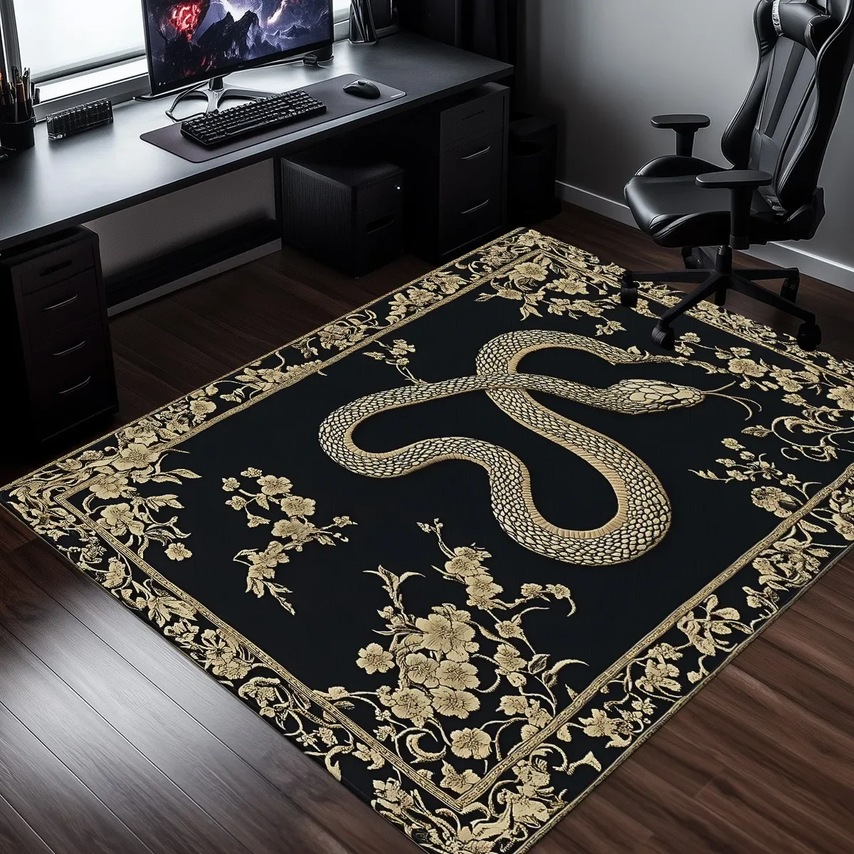 Black Gold Snake Floral Crystal Velvet Rug Modern Gaming Room Decor Luxury Pattern Floor Mat Anti Slip Home Office Carpet