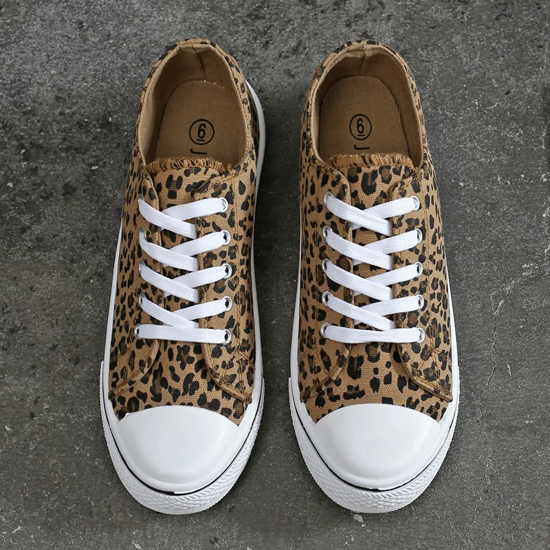 Women Canvas Flat Shoes Spring Fashion Casual Leopard Print Canvas Shoes Women Vulcanized Lace Up Walking Sneakers Size 38 42