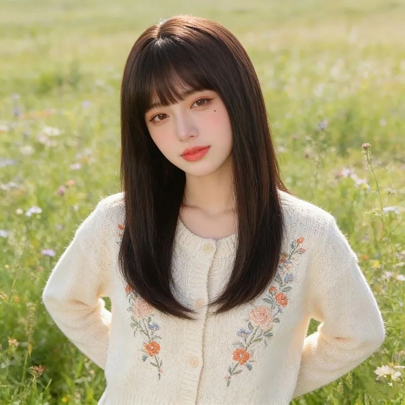 Women's mid-length wig, popular collarbone-length hair with French bangs, stylish and face-slimming wig for women