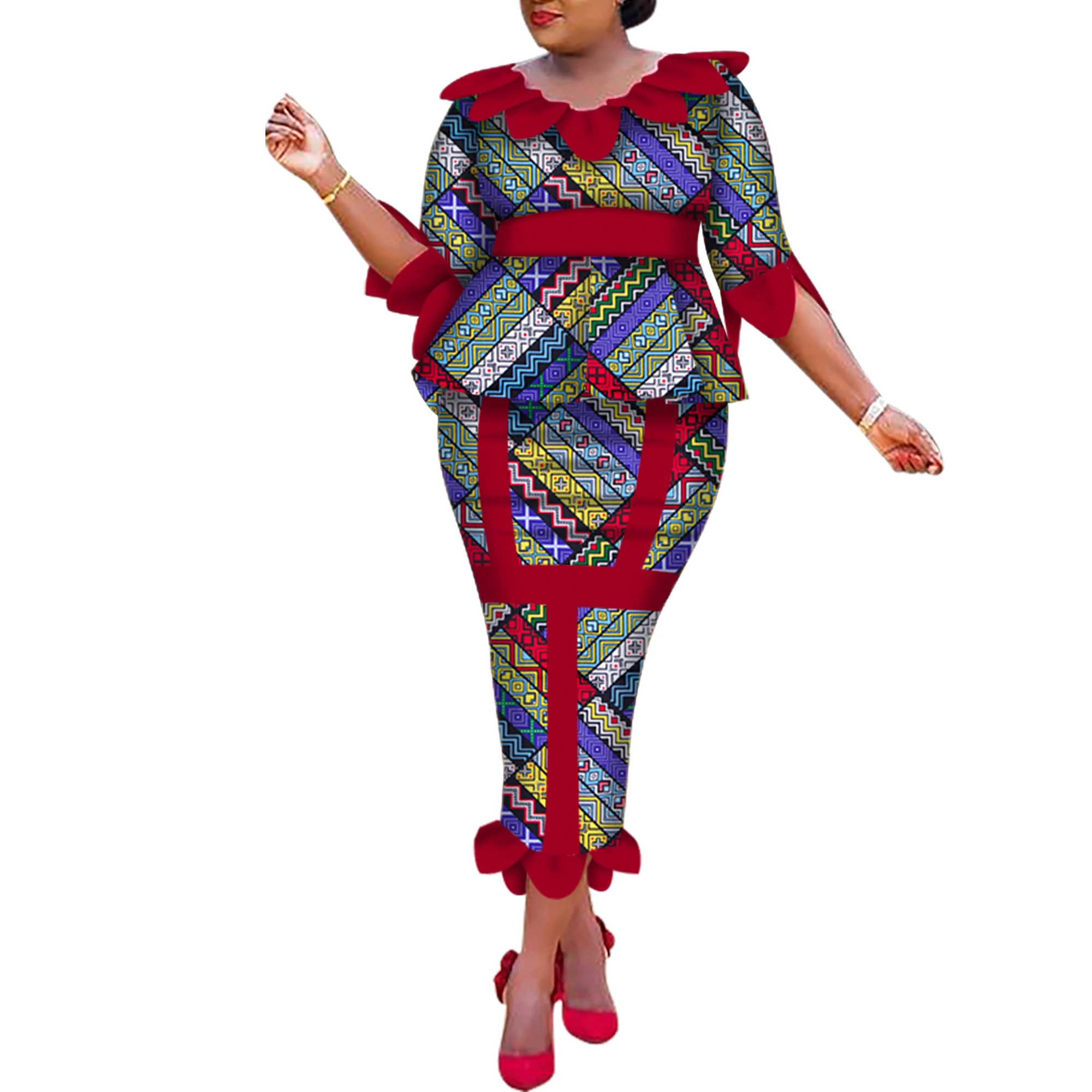 

Модный женский костюм с облегающей юбкой, комплект из 2 предметов, топ с короткими рукавами и юбка-карандаш длиной до щиколотки, наряд для вечеринки Dashiki, большие размеры WY6242