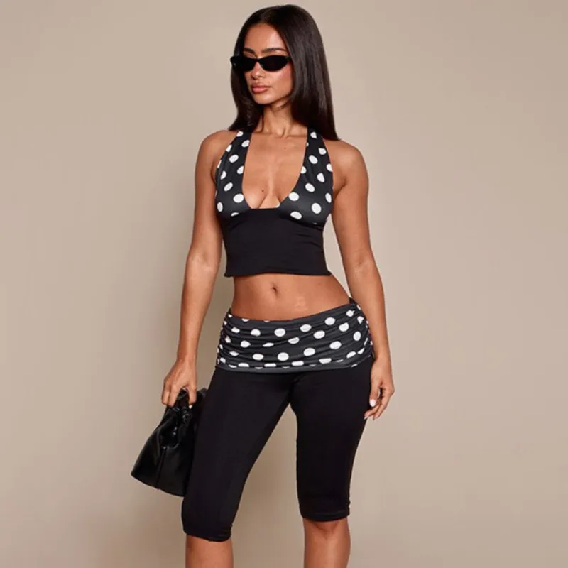 

Women's 2 Piece Polka Dot Set Halter Crop Top And High Waisted Capri Pants Ruched Bodycon Y2K Summer Streetwear Outfit