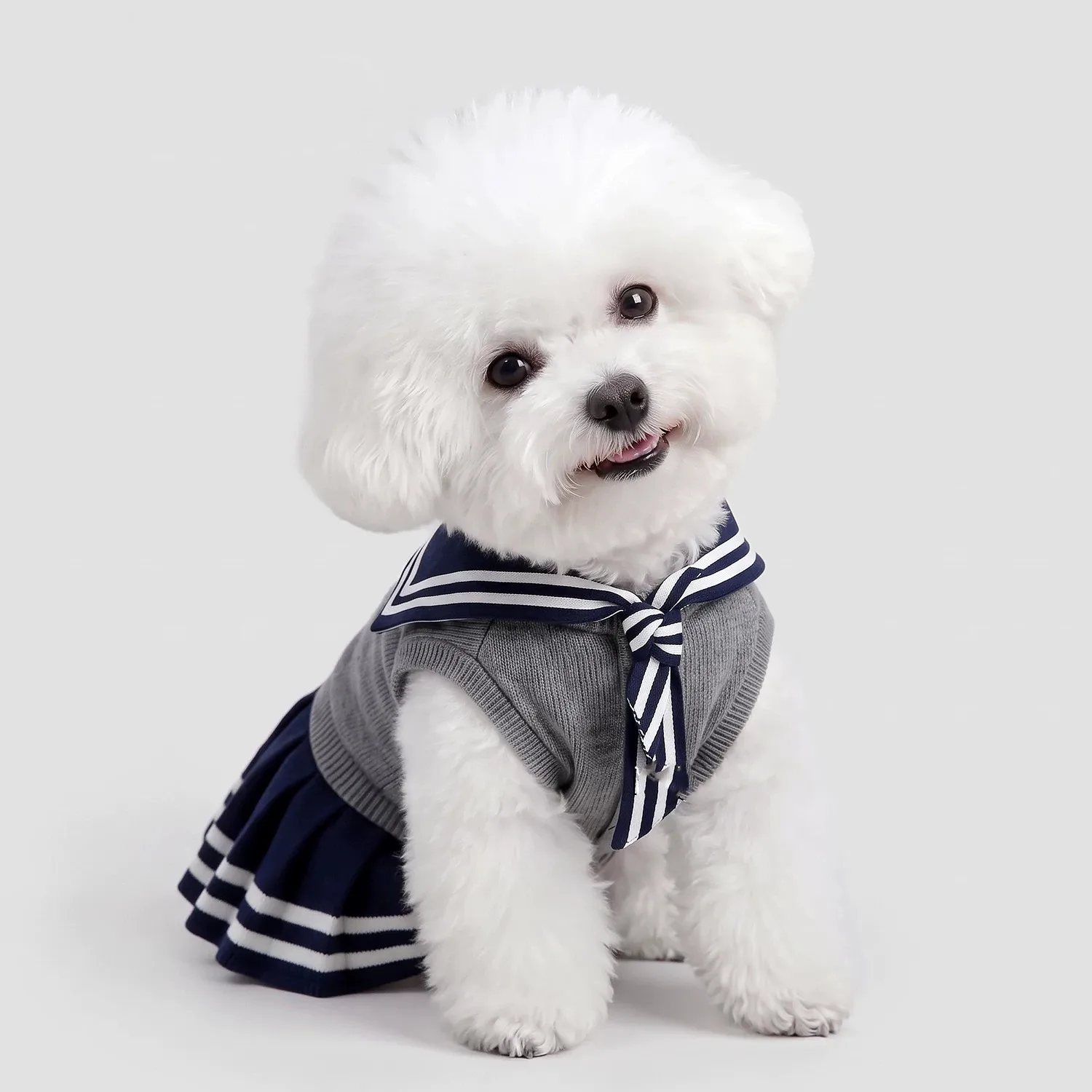 Classic Navy-Style Dog Clothing In Blue And White, Featuring A Military Design Korean Academic-Style Pet Sweater