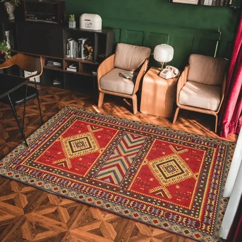 Red Brown Multi Element Ethnic Patchwork Rug Vintage Exotic Style Decorative Carpet for Lounge Area