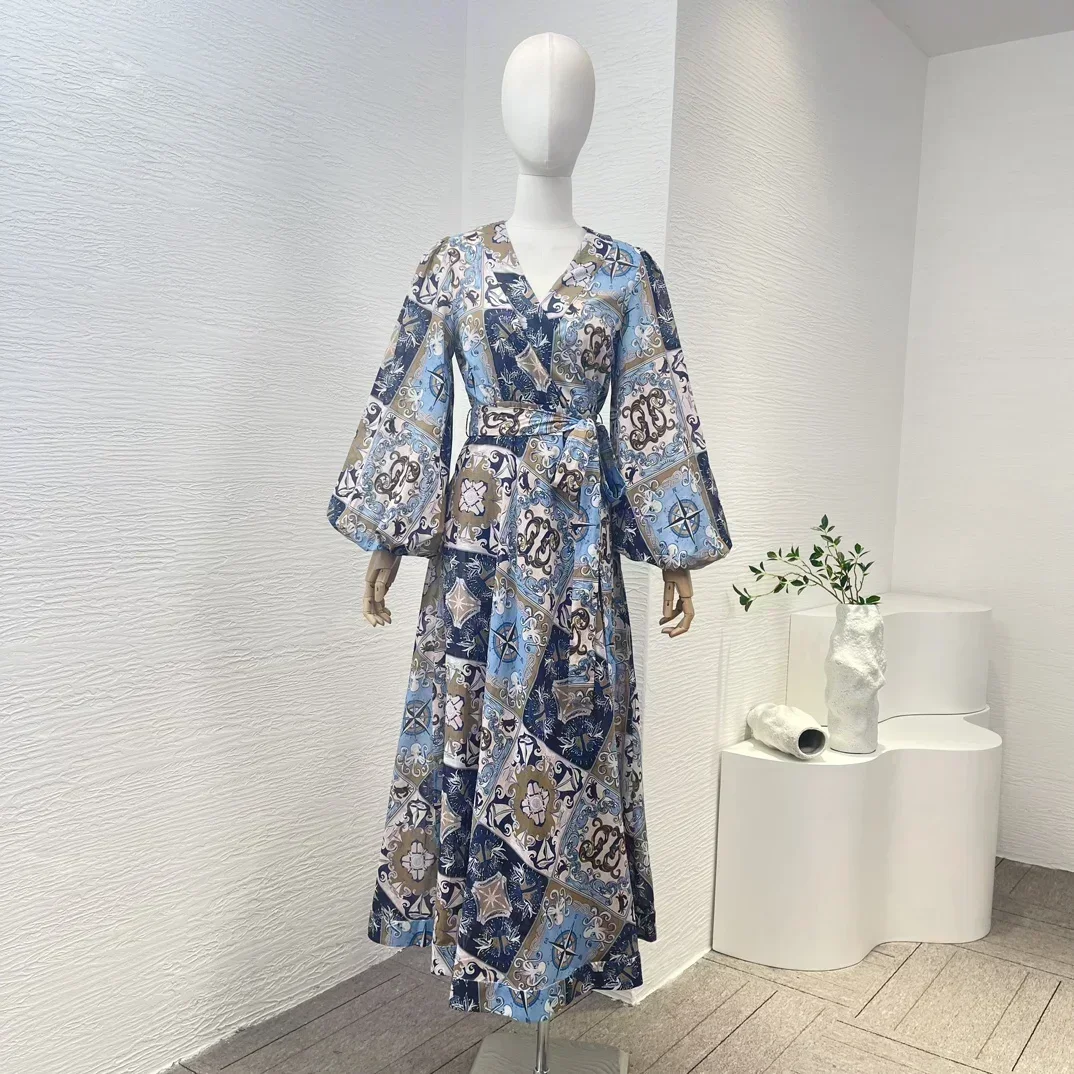 

Pure Linen 2023 New High Quality Blue Geometric Printing Vintage Long Sleeve Belted Buttons Women Casual Mini Dress