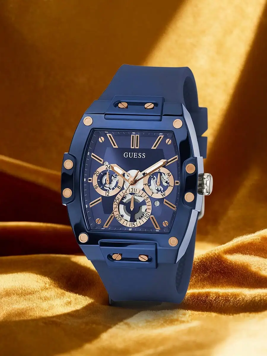 Reloj Multifunción Tonneau Original de GUESS para Hombre, Esfera Azul, Caja Dorada, Correa de Silicona, Reloj de Pulsera Cronógrafo Deportivo de Lujo