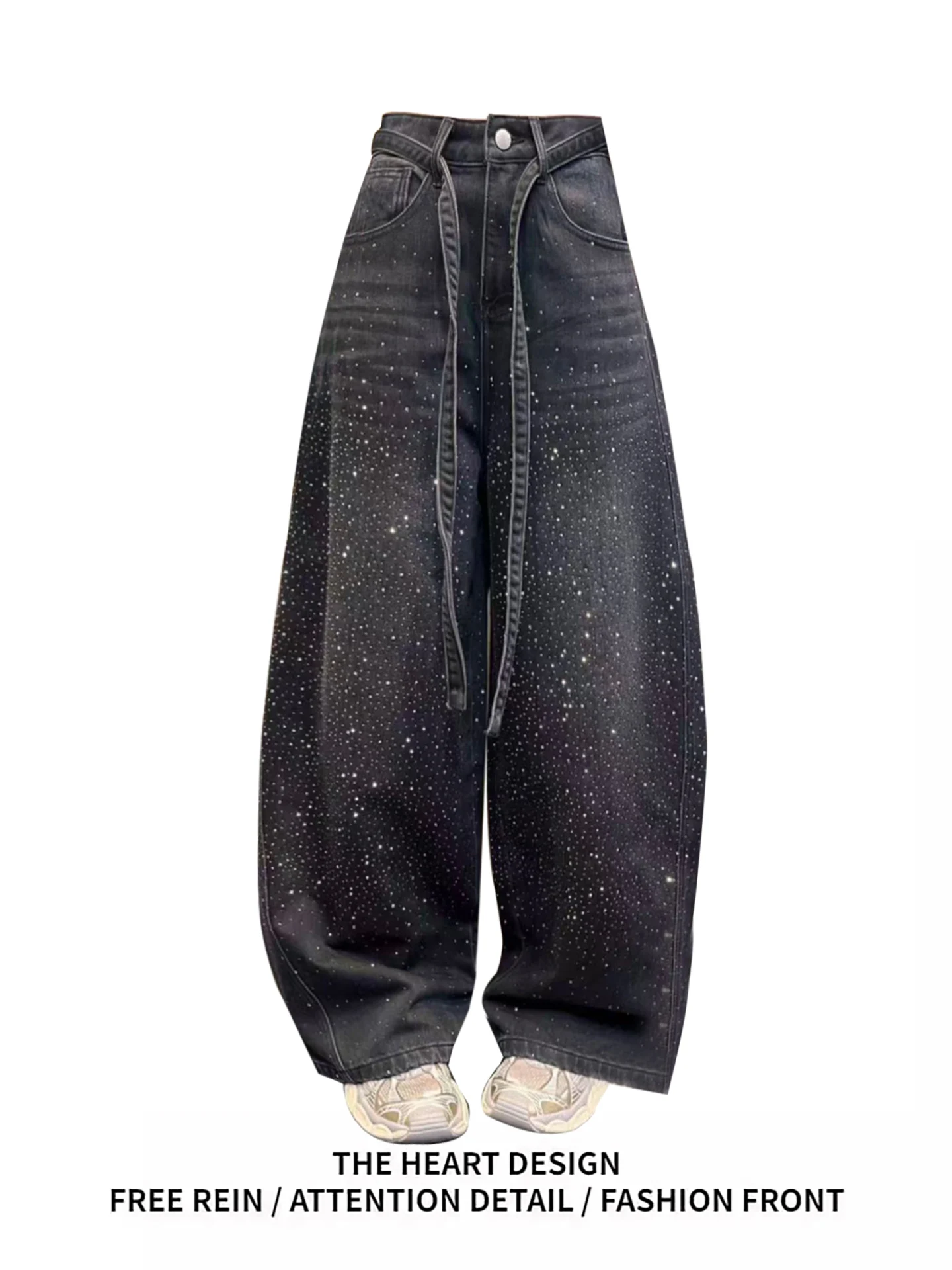 

American Retro Heavy Du Rhinestone Denim Pants Women's Loose Wide Leg Pants Casual High Waist Tear Hole Soft Denim Jeans