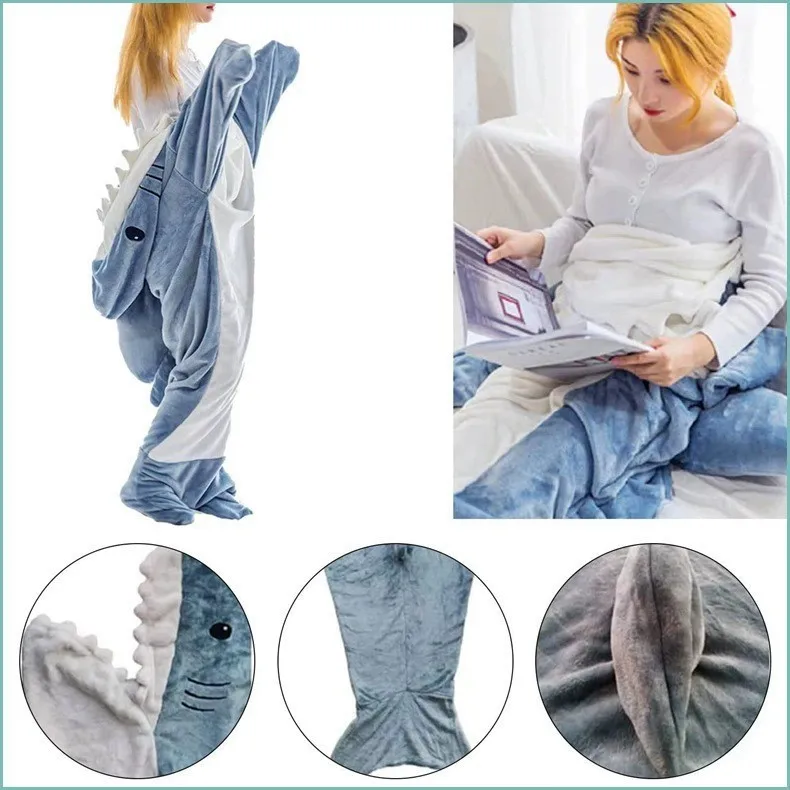 Wearable Shark Blanket Available Cartoon Shark Sleeping Bag Comfy Bathrobe Homewear Shark-Themed Casual Attire Christmas Gift