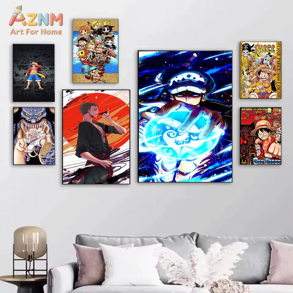 AZNM Unframed Canvas Print One Piece Straw Hat Crew Luffy Zoro Nami Chopper Law Nika Anime Wall Art Manga Poster Home Decor