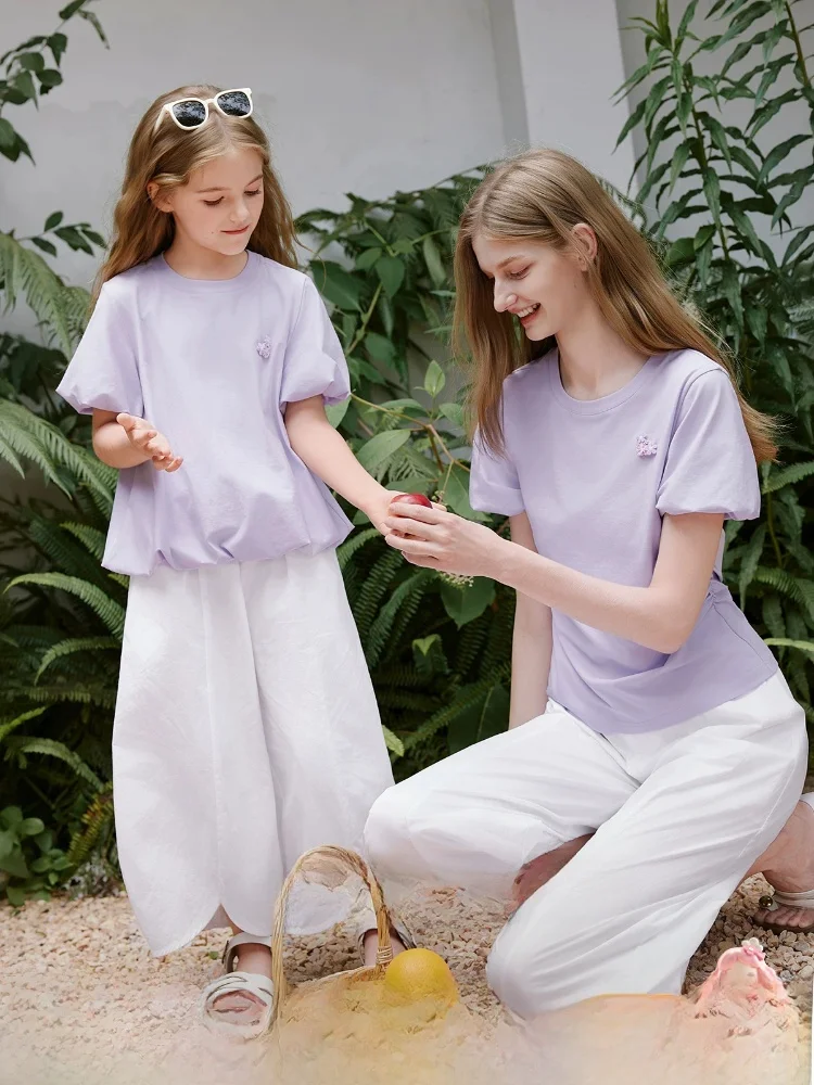 sweet-casual-cotton-bubble-sleeve-short-sleeve-t-shirt-mother-daughter-top-matching-summer-new-arrival-parent-child-outfit
