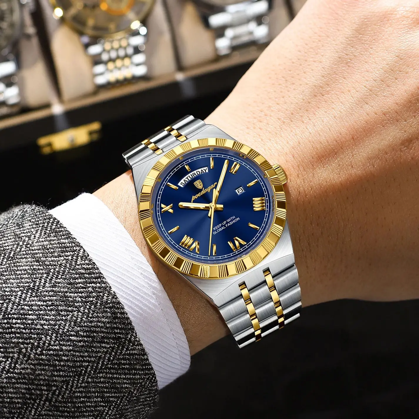 POEDAGAR موضة ساعات للرجال تاريخ الأسبوع مقاوم للماء ساعة رجالية مضيئة الفولاذ المقاوم للصدأ كوارتز ساعة يد رجالية رائعة Reloj