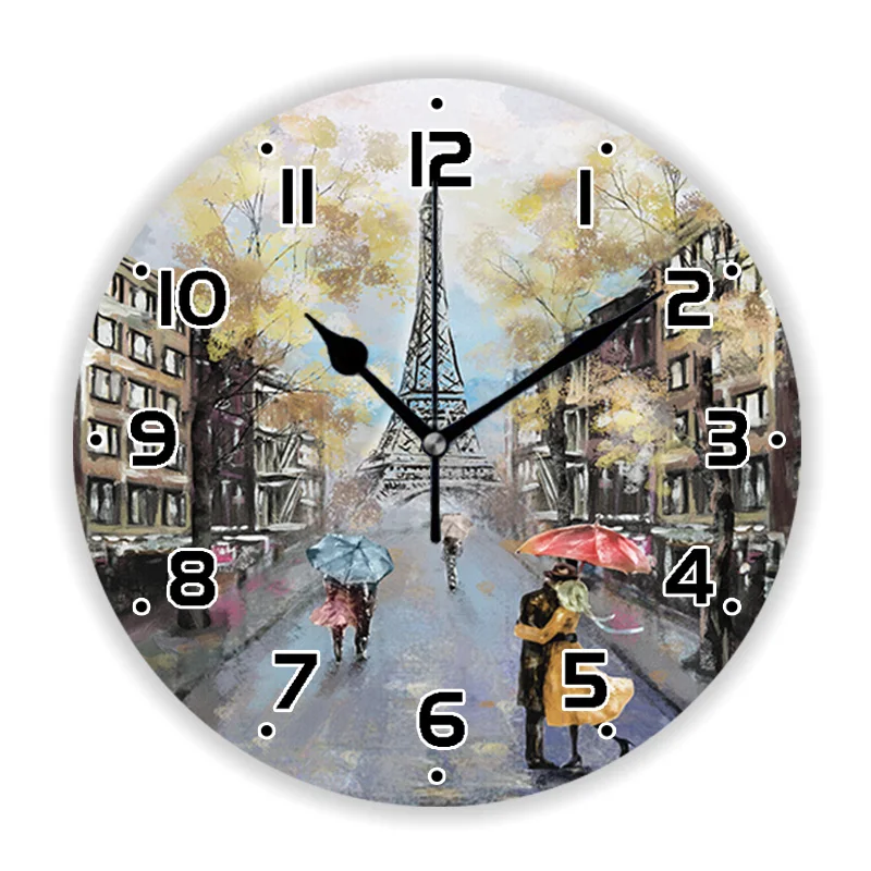 Stylish Pastel Red Paris Tower Oil Painting Wall Clock for Living Room Modern France City Landscape Art Wall Watch Home Decor 35