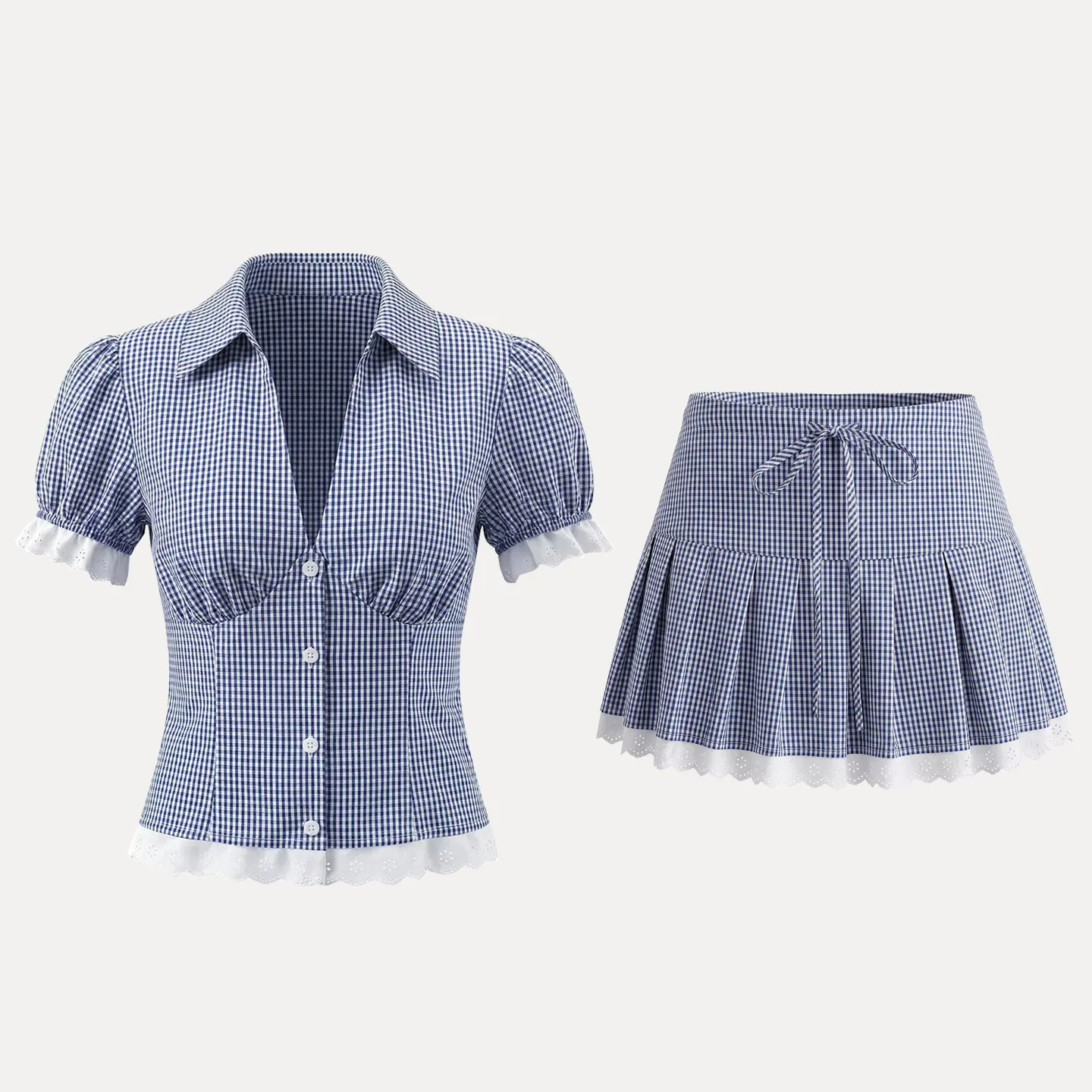 

Модный комплект: топ в тонкую клетку и сине-белая юбка в клетку с кружевом. Женская зимняя новинка с отложным воротником.