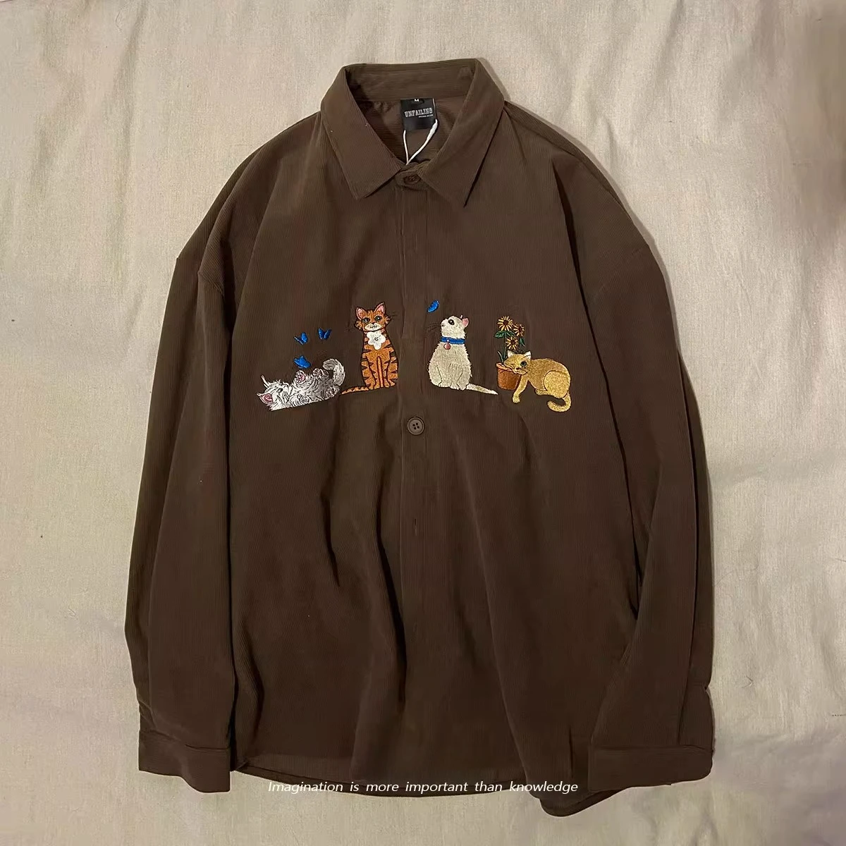 Spring and Autumn New Japanese Retro Style Men's Cat Cartoon Embroidery Brown Loose Casual Corduroy Long Sleeve Shirt
