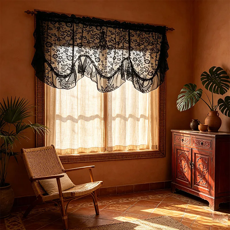 1pc Warm Cream Gothic Black Floral Lace Wave Ruffled Short Sheer Window Valance for Home Vintage Decor
