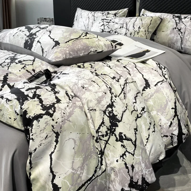 Luxury Marble Print Bedding Set Summer Faux Ice Silk Breathable Bedclothes High-End Skin-Friendly Colorfast Home Decoration