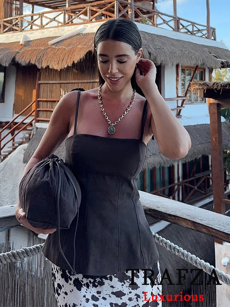 

TRAFZA Vintage Casual Chic Women Cami Tops Solid Bow Backless Sleeveless Short Vest New Fashion 2025 Spring Summer Holiday Tops