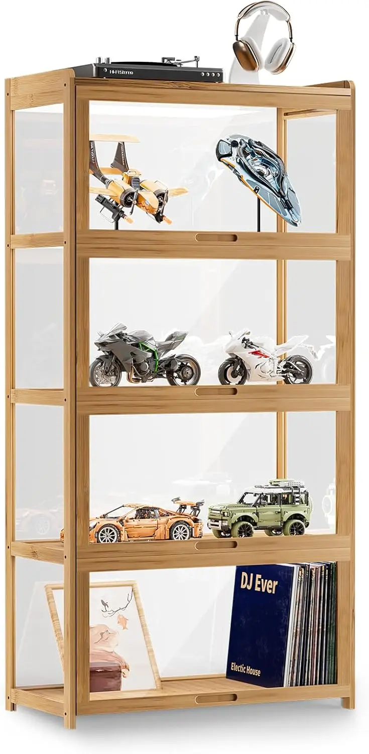 

55" Curio Display Cabinet with Doors, 4-Tier Bamboo Showcase Storage Cabinet Shelf Collectibles Toy Display Case , Natural