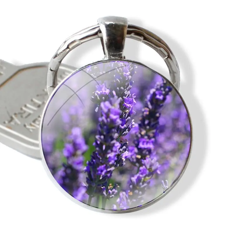 Fashion Cartoon Decor Creative Simple Lavender Purple Flower Keychain Handmade Glass Cabochon Key Ring Holder Pendant Key Chains