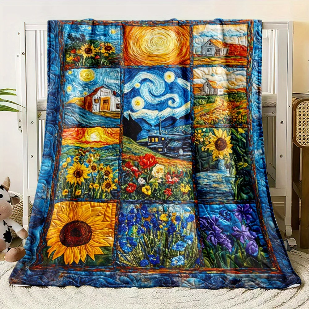 Van Gogh Masterpiece Puzzle Flannel Blanket - Soft, Lightweight & Warm | Vibrant Artistic Design with Starry Night & Sunflowers