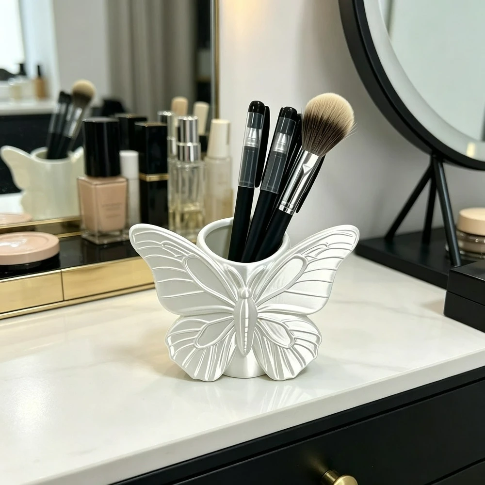 3D Embossed Butterfly Pen Makeup Brush Holder 3D Printed White Floral Storage Cup Vanity Bedroom Desk Tabletop Decor Gift