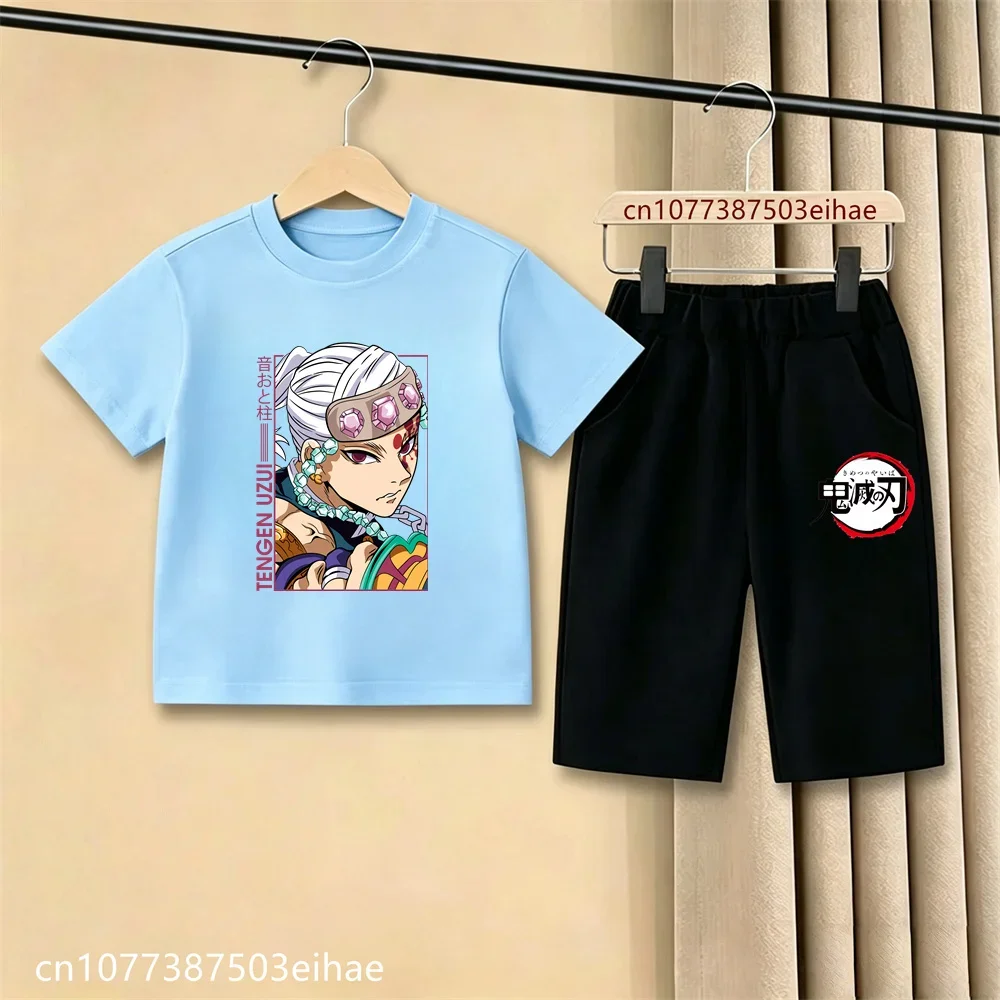 2026 Boys Girls Demon Slayer Ghost Blade Anime T-Shirt Casual Shorts Set Kids Summer Lightweight Breathable Daily Cartoon