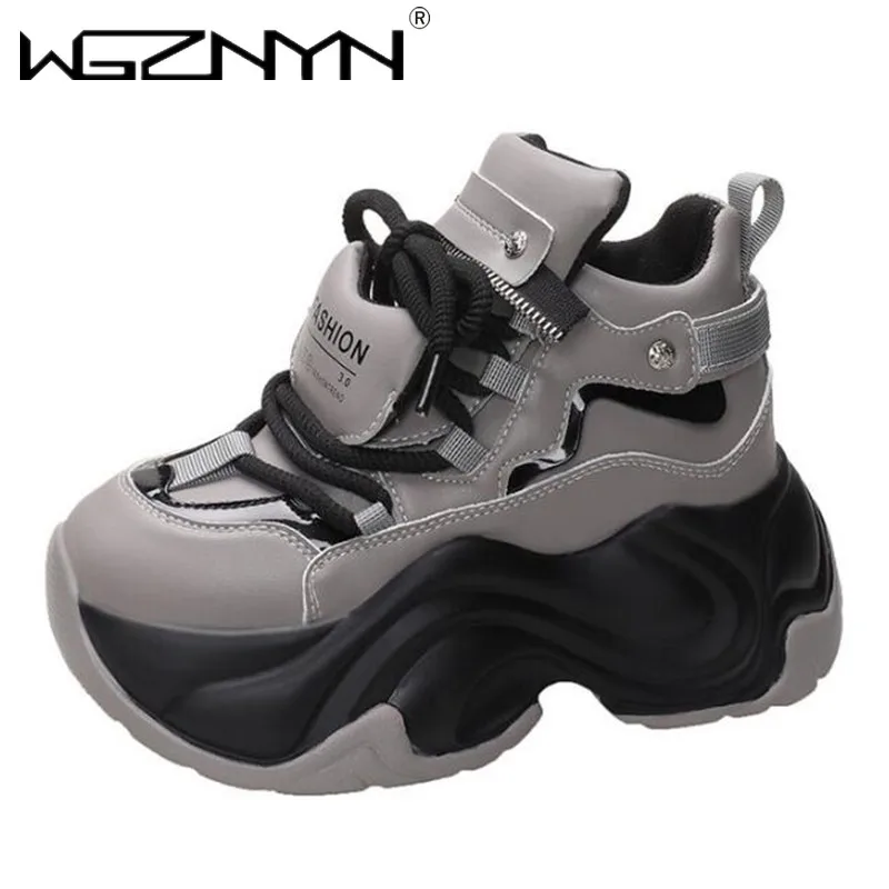 

Women High Top Sneakers 8CM Chunky Heels Breathable Casual Leather Shoes New 2024 Autumn Female Lace-up Sports Dad Shoes Woman