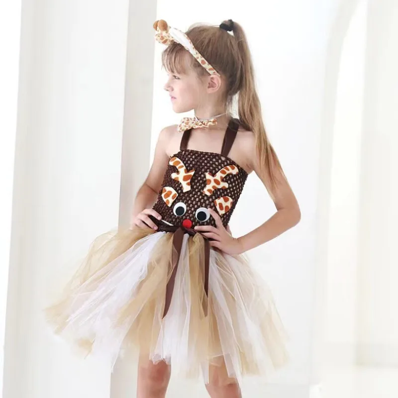 Cute Toddler Girl Giraffe Dress Cartoon Animal Performance Costume Set for Kids Halloween Costumes Girls Christmas Tutu Dresses