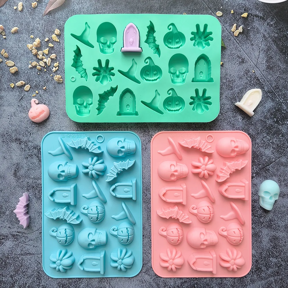 Moldes de Silicona para Halloween de 18 Cavidades, Fantasma, Calabaza, Murciélago, Calavera, Sombrero de Bruja, para Hacer Chocolate, Dulces y Repostería de Halloween