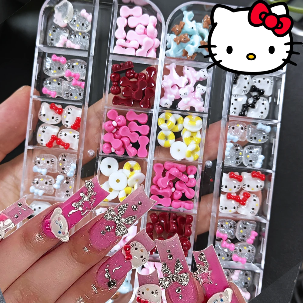 12グリッド/ボックス 3Dグリッター ハローキティ ネイルチャーム 5x7mm ミニ ピンク/レッド/ローズボウ 漫画キティ ネイルアート DIY カワイイ クリスタル KT キャットパーツ