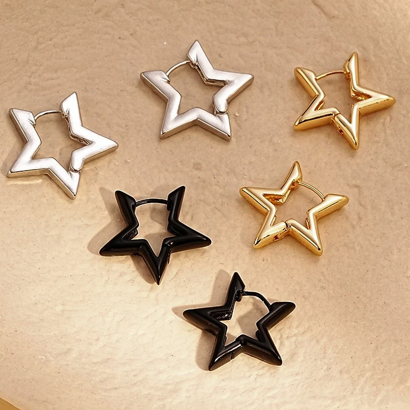 3 Colors Punk Geometric Star Hoop Earrings for Women Simple Metalic Hollow Out Geometric Earrings New Unisex Daily Jewelry K