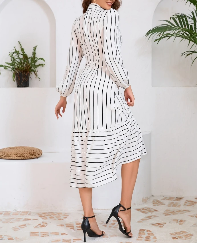 White Dresses Woman 2024 Fashionable High-End Sense Stand Up Collar Thin Stripe Dress Casual and Elegant Women's Dresses