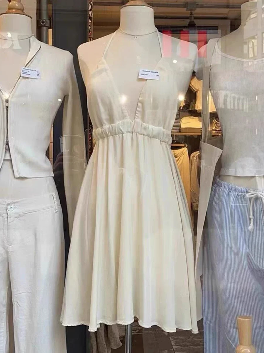 Vestido corto Beige con espalda descubierta para mujer, minivestido Sexy con cuello en V, cintura alta elástica, línea A, Vintage, liso, dulce, para vacaciones, 2024