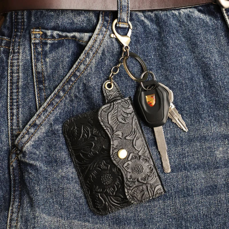 Vintage Genuine Leather Wallets Men'S Women'S Coin Purses Portable Storage Bag Card Holder With Keyring
