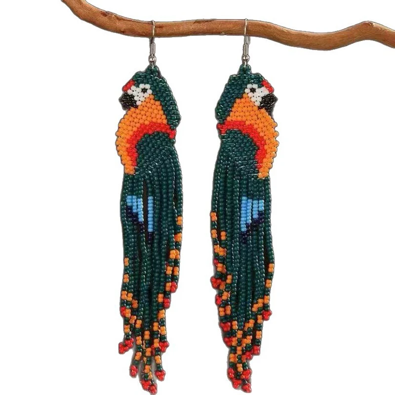 

3pairs Resins Earrings Bohemian Style Hand-woven colorful parrots Beads Ear Clip Gift For Girlfriend