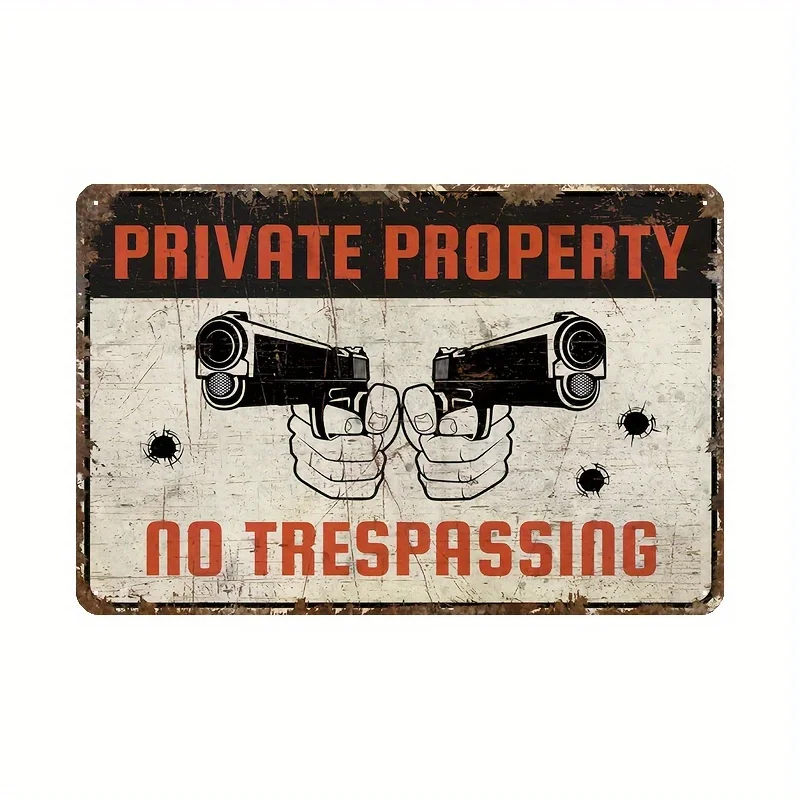 4pcs Vintage Metal No Trespassing Warning Signs Suitable For Garages, For Man Caves, Cabin Fences - Gun Quotes & Bold Lettering