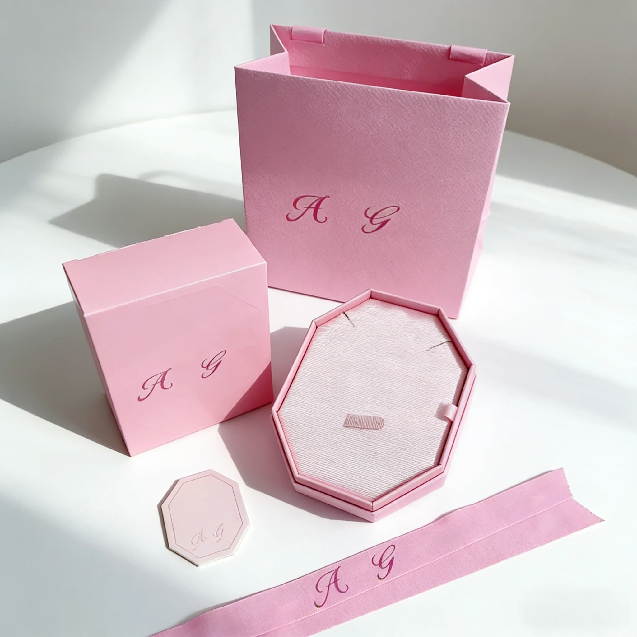 Caja de Regalo Octogonal Rosa para Collar, con Bolsa de Regalo y Cinta a Juego, para Presentación de Joyería, San Valentín, Bodas y Aniversarios