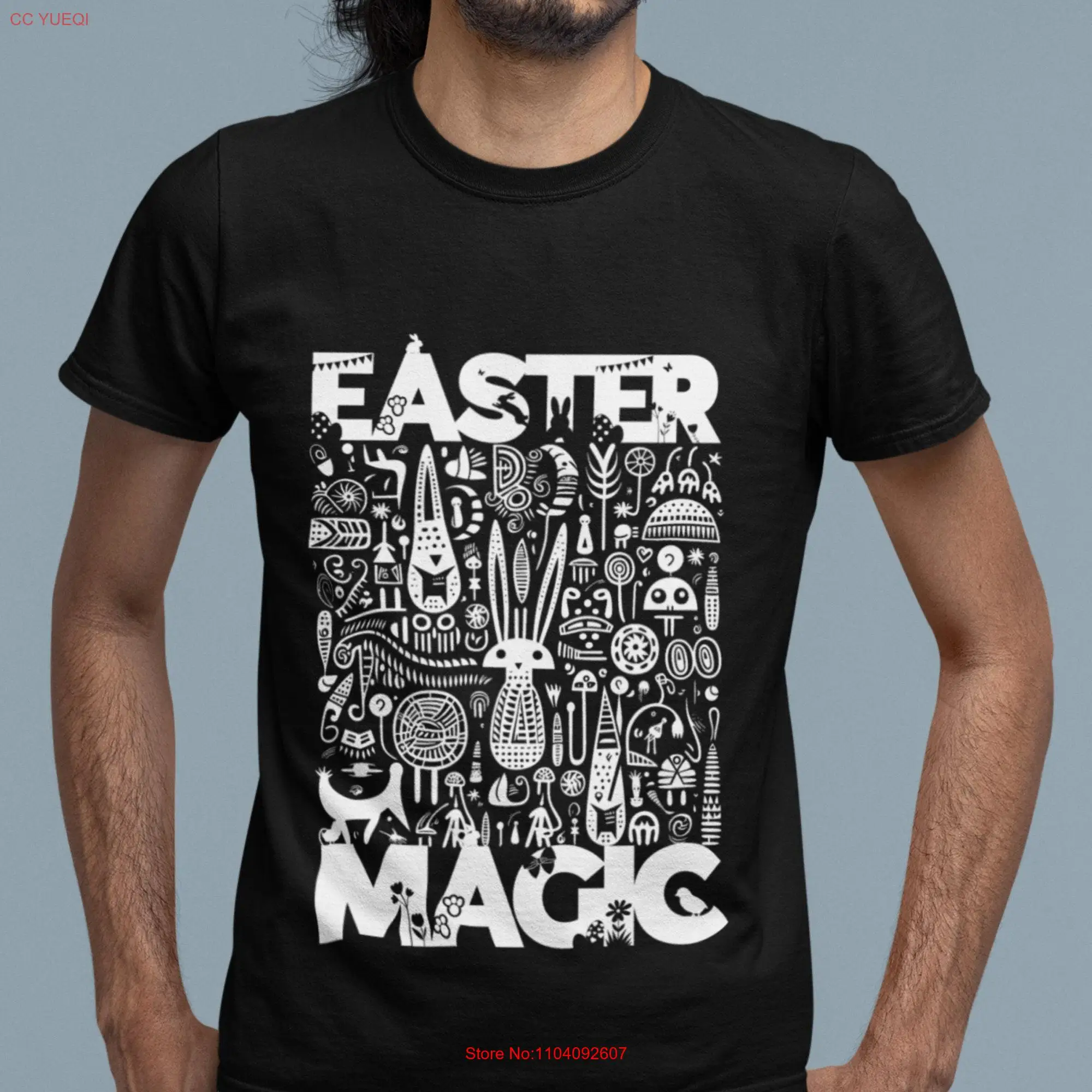 Osterzauber-T-Shirt aus schwerer Baumwolle, Häschen-Doodle, Lino-Druckdesign, Bekleidung für Spaß und Festlichkeit, Top-Geschenk