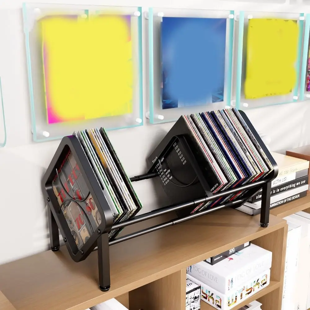 Carbon Steel Vinyl Record Holder Black Large Capacity Vinyl Record Storage Rack Adjustable Anti-slip Desktop Bookshelf Office