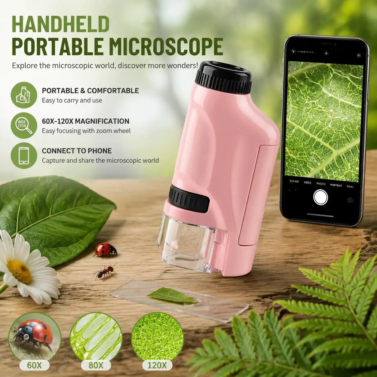 Mini Pocket Microscope 60x to 120x Portable LED Illuminated Handheld Microscope for Kids Science Experiments Students Educational Toys STEM Science Kit Learning Equipment Birthday Gifts for Boys and Girls