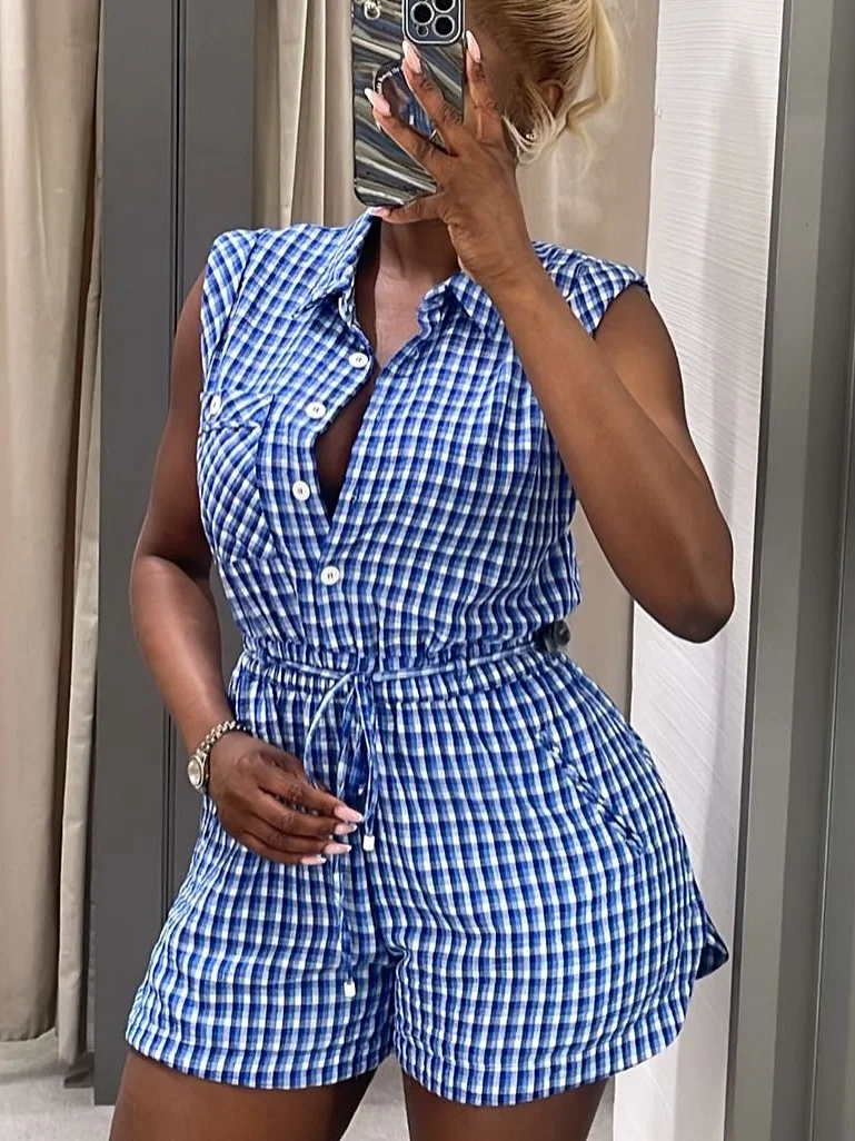 Casual Women's Jumpsuit Blue Plaid Single Breasted Sleeveless Lace-up Jumpsuit Fashion Summer Beach Holiday Jumpsuit