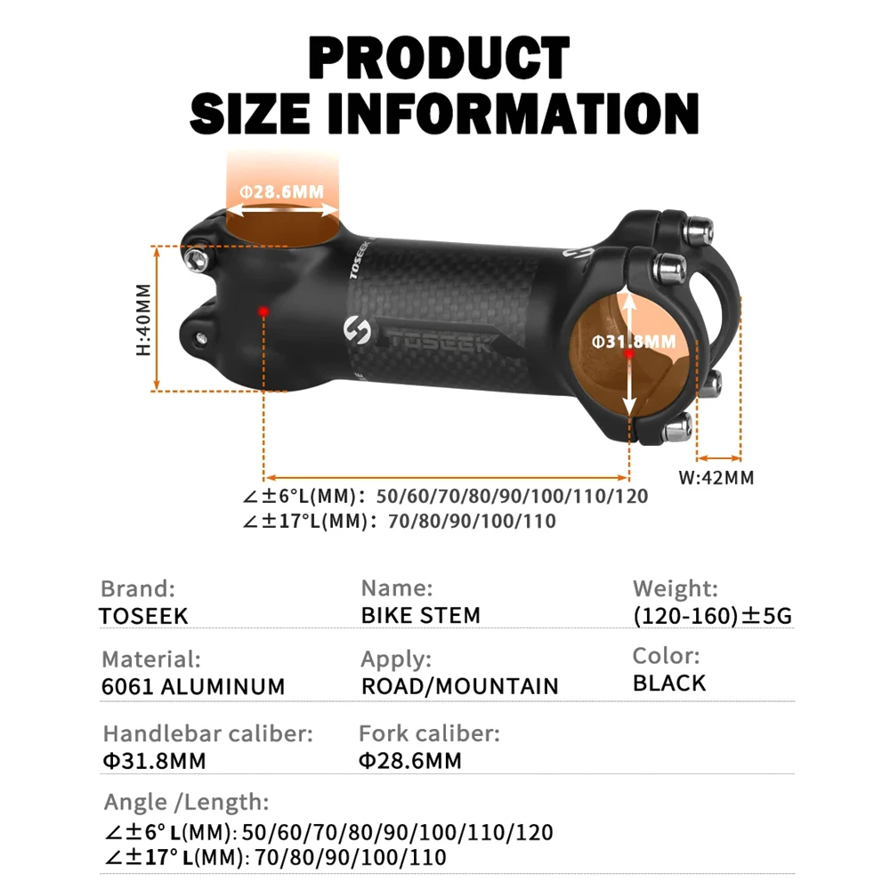 TOSEEK Bicycle Stem 28.6mm-31.8mm Aluminum+Carbon Stem MTB/Road Bike Handlebar Stems Angle 6/17 Degree 60/70/80/90/100/110/120mm