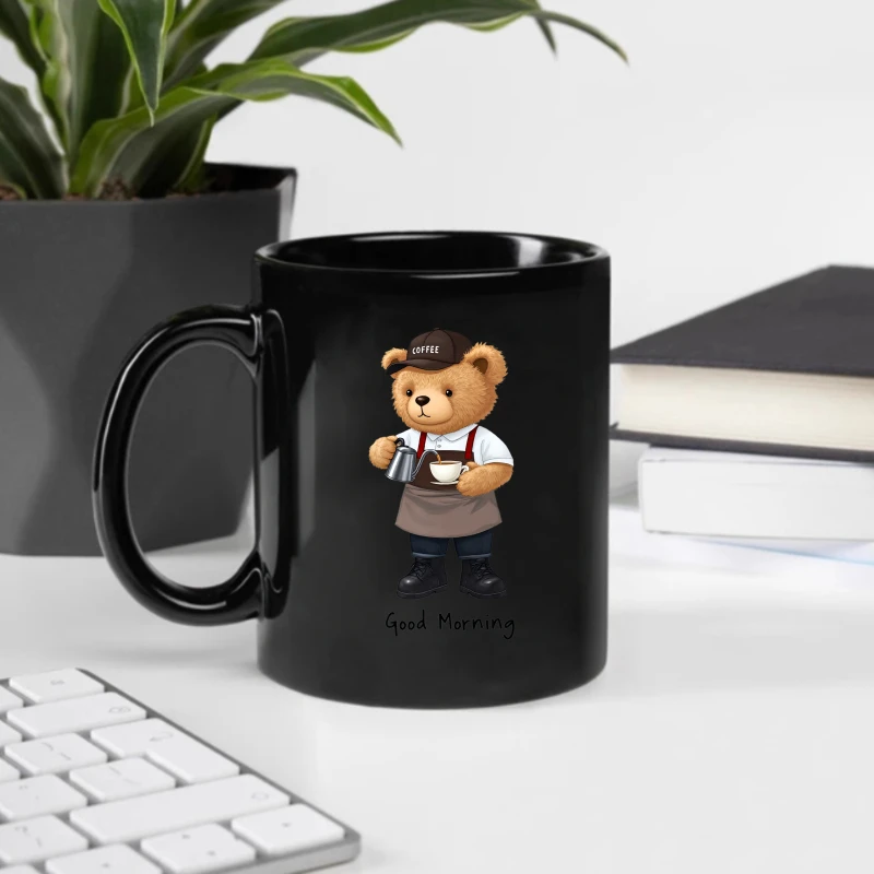 Ceramic coffee cup, black bear barista holding coffee cup and good morning text, suitable for morning coffee break