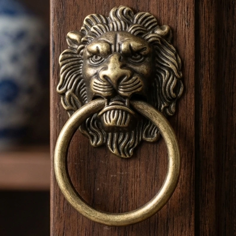 12Pcs Bronze Lion Head Handle, Furniture Double Hole Handle Drawer Bedside Cabinet Handle Bronze Three-dimensional Lion