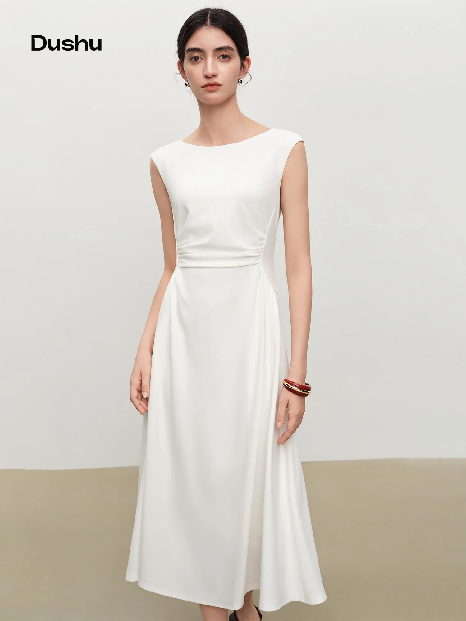 

ZIQIAO Off-the-shoulder White Fitted Waist Pleated Dress Women New Summer 2026 French Style Long Dress Simple Office Commuting